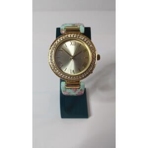 Accutime Bracelet Watch Gold Tone Floral Bracelet Band